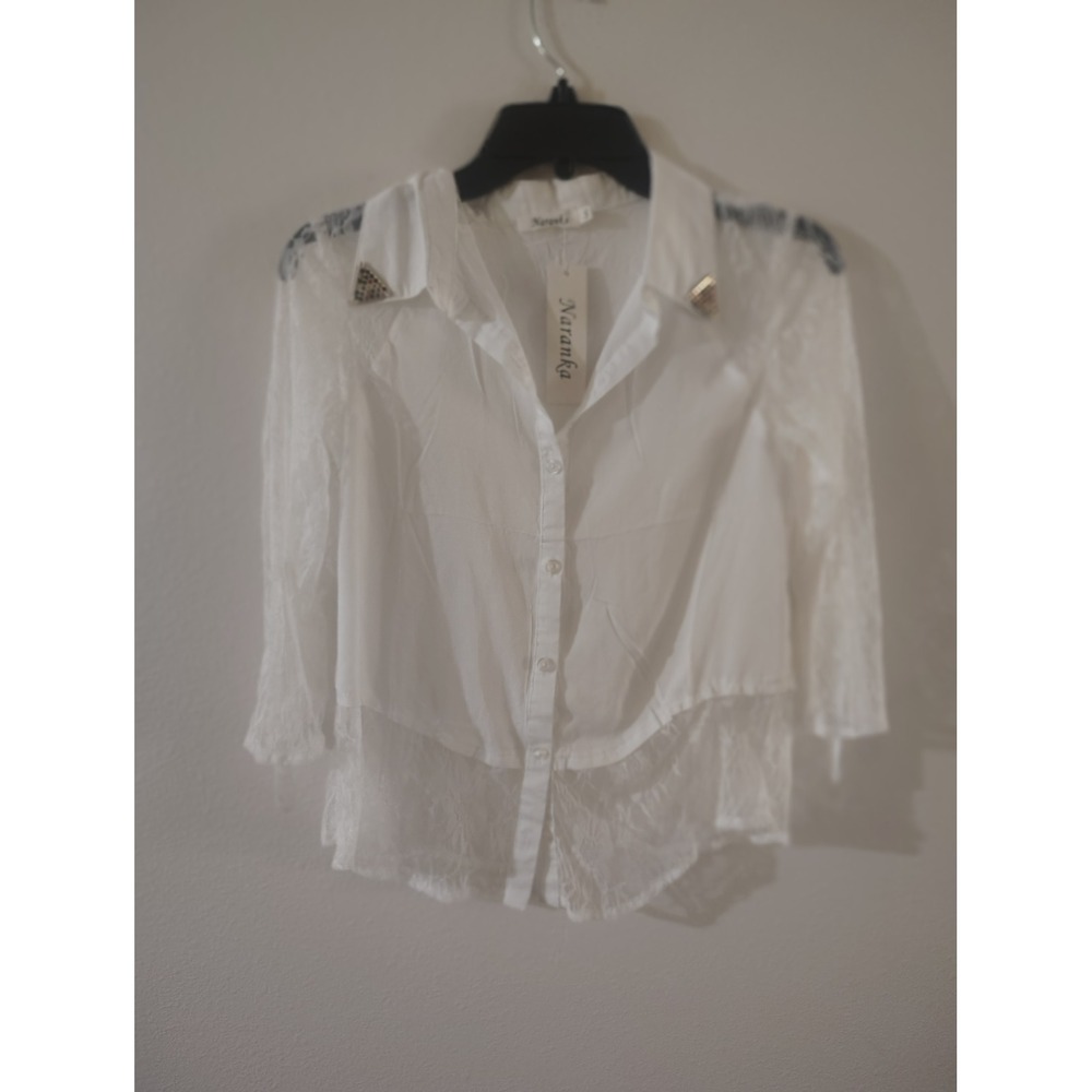 Naranka White Lace Button Up Blouse Rhinestone Collar Studs Sheer Sleeve Small